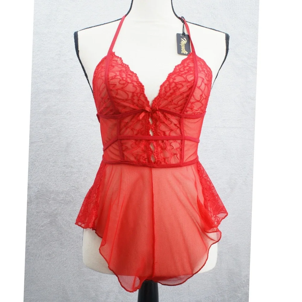 Mapale Red Lace Heart Babydoll Romper Halter Lingerie 7445 L/XL New